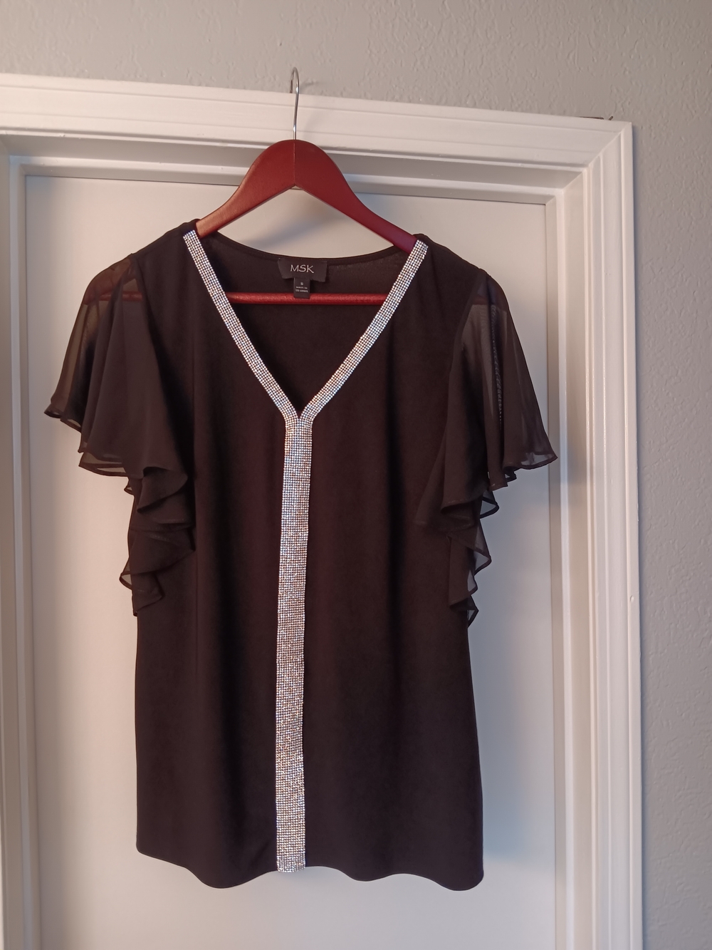 MSK Black V-Neck Top with Rhinestone Trim Small